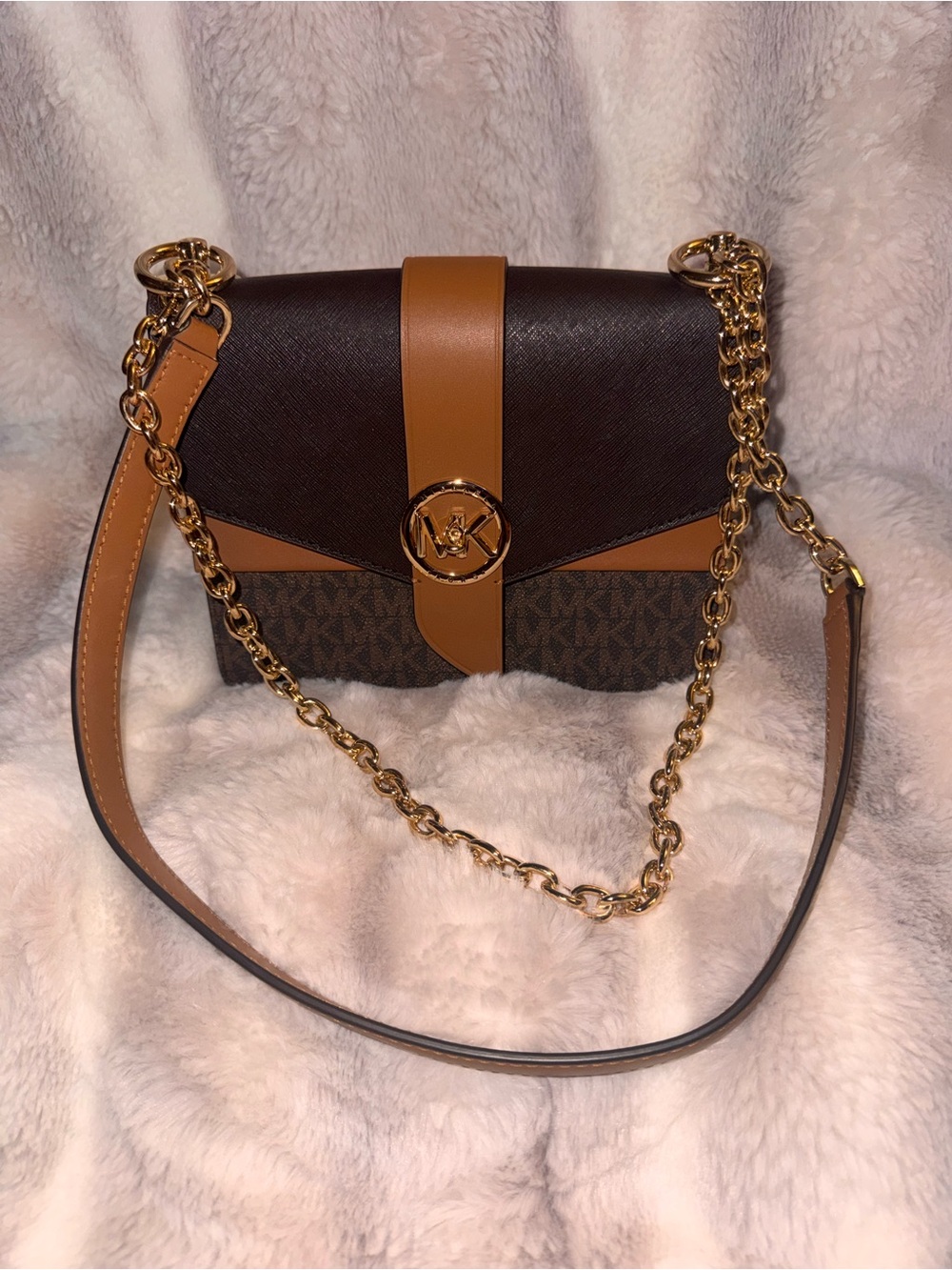 Michael Kors Dark Brown and Tan Chain Strap Crossbody Bag